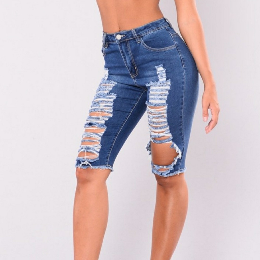 Midrise Bermuda Shorts Distressed Denim